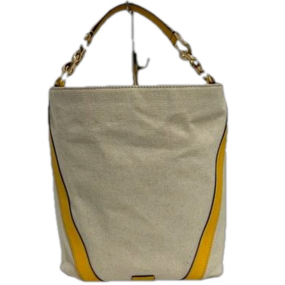 Calvin Klein Large Beige Canvas and Yellow Faux Leather Trim Shoulder Bag - Picture 2 of 5
